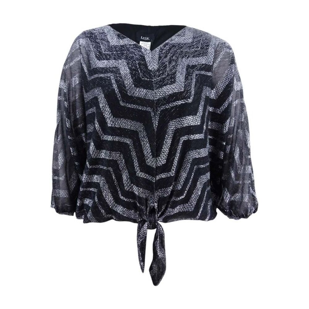 MSK Women's Chevron Tie-Hem Blouse (S, Black/Silver)
